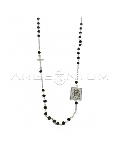 Round rosary necklace with black swarovski and central rectangular medal with engraved Christ in white gold plated 925 silver