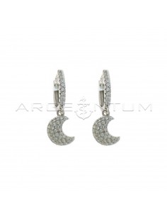 Hoop earrings with white cubic zirconia, snap clasp and moon pendant in white cubic zirconia pave white gold plated in 925 silver