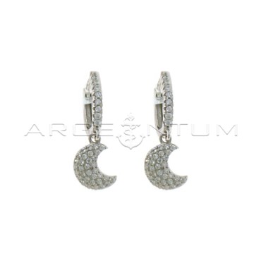 Hoop earrings with white cubic zirconia, snap clasp and moon pendant in white cubic zirconia pave white gold plated in 925 silve