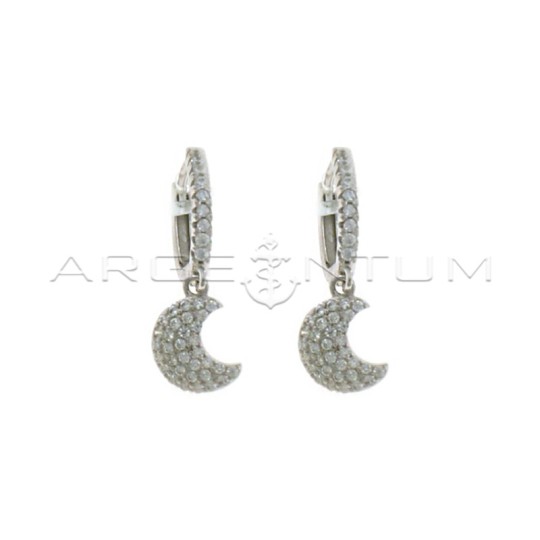 Hoop earrings with white cubic zirconia, snap clasp and moon pendant in white cubic zirconia pave white gold plated in 925 silve