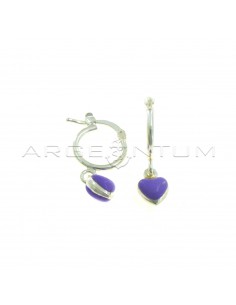 Tubular hoop earrings with bridge closure and lilac enameled paired pendant heart in 925 silver