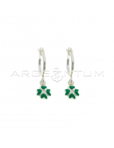 Tubular hoop earrings with bridge clasp and green enamel paired four-leaf clover pendant in 925 silver