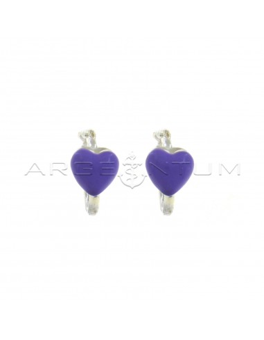 Tubular hoop earrings with bridge closure with lilac enameled heart in 925 silver