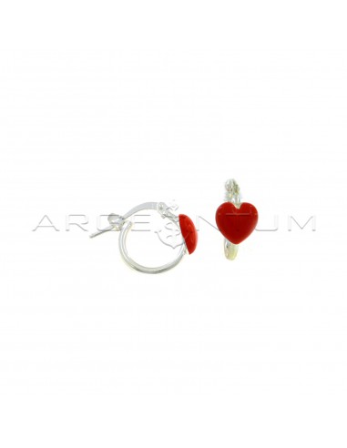 Tubular hoop earrings with bridge closure with red enameled heart in 925 silver