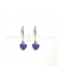 Tubular hoop earrings with purple enameled heart pendant and bridge clasp in 925 silver