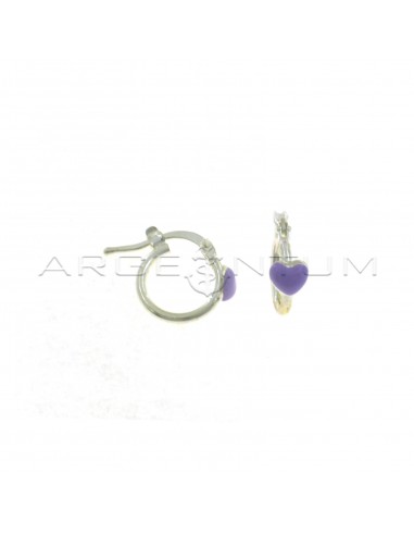 Tubular hoop earrings with bridge closure with purple enameled heart in 925 silver