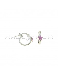 Tubular hoop earrings with bridge closure with pink enameled star in 925 silver
