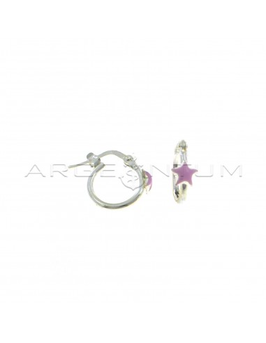 Tubular hoop earrings with bridge closure with pink enameled star in 925 silver