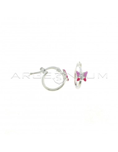 Tubular hoop earrings with bridge clasp with pink enameled butterfly in 925 silver