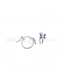 Tubular hoop earrings with bridge clasp with purple enameled butterfly in 925 silver
