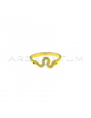 Ring with central white zircon snake with green eye yellow gold plated in 925 silver (Size 10)