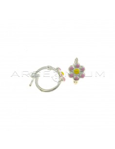 Tubular hoop earrings with bridge closure with pink enamel flower in 925 silver