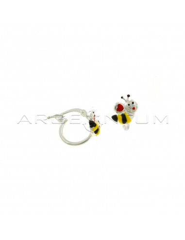 Tubular hoop earrings with bridge closure with enameled bee in 925 silver
