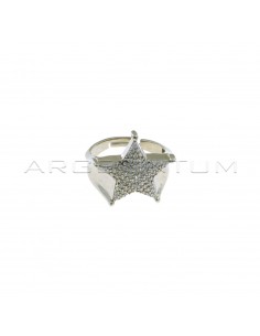 Adjustable ring with shaped stem and central star in white cubic zirconia pave white gold plated in 925 silver