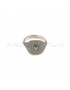 White cubic zirconia pave pinky ring with central baguette zircon white gold plated 925 silver