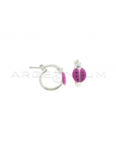 Tubular hoop earrings with bridge closure with pink enameled ladybug in 925 silver