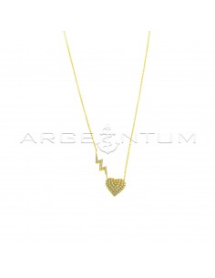 Forced link necklace with central lightning bolt and heart in white zircons pave yellow gold plated in 925 silver