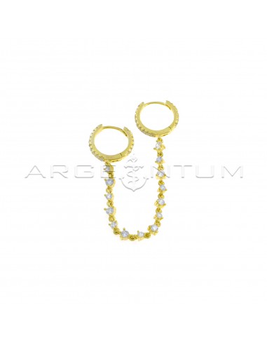 Mono earring with two white zircon circles and chain with white zircons yellow gold plated in 925 silver