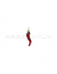 Red enameled horn pendant with multicolor enameled stars and hearts in 925 silver