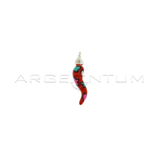 Ciondolo corno smaltato rosso con stelle e cuori smaltati multicolor in argento 925