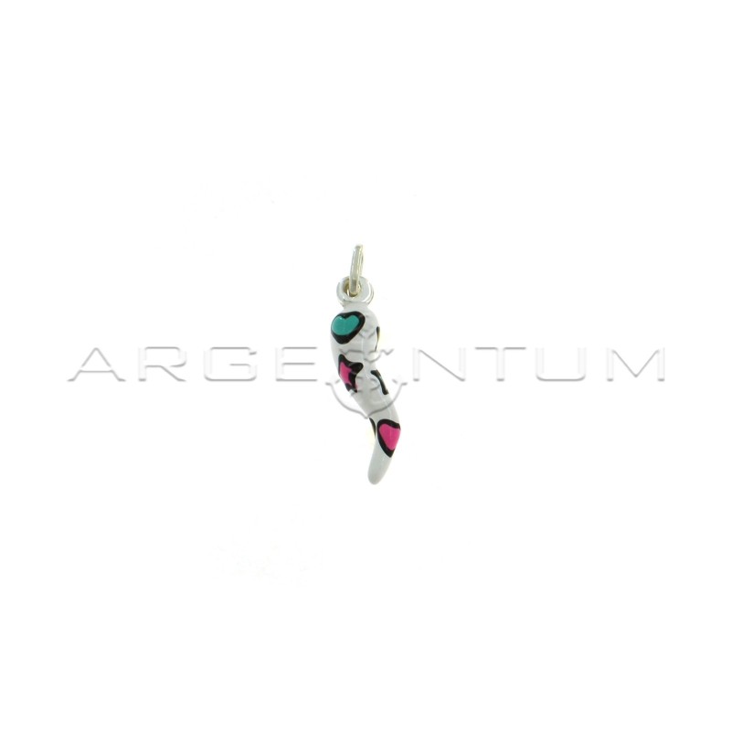 White enameled horn pendant with multicolor enameled stars and hearts in 925 silver