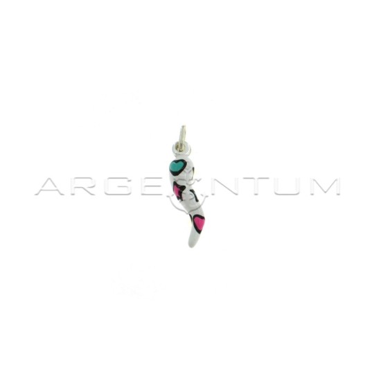 Ciondolo corno smaltato bianco con stelle e cuori smaltati multicolor in argento 925