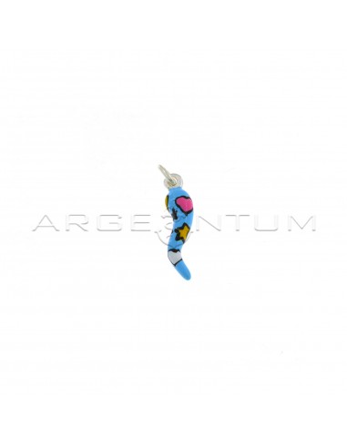 Blue enameled horn pendant with multicolor enameled stars and hearts in 925 silver