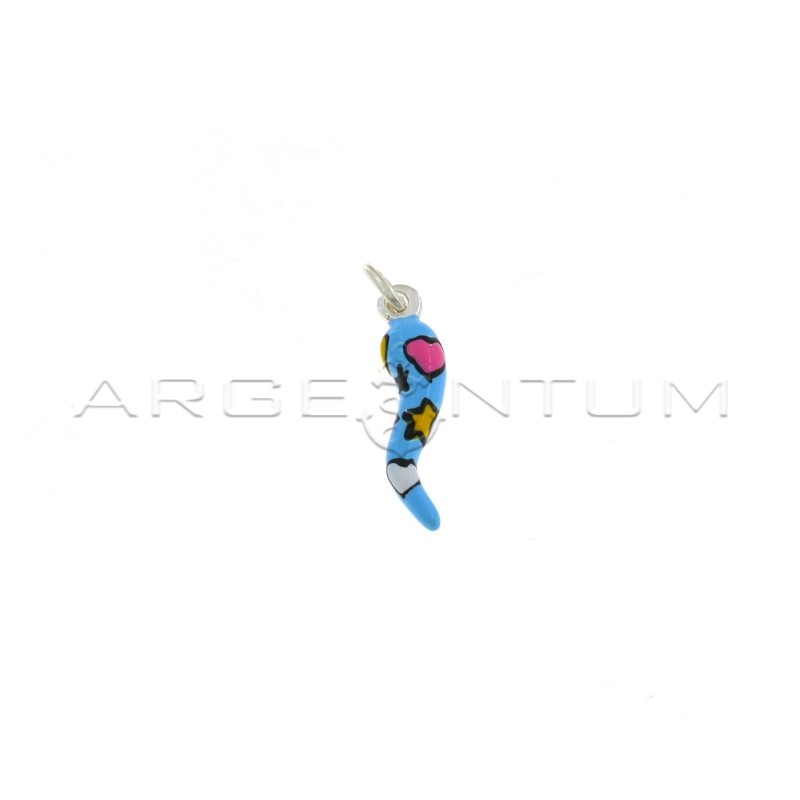 Blue enameled horn pendant with multicolor enameled stars and hearts in 925 silver