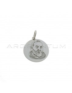 Ciondolo tondo a lastra con Padre Pio inciso placcato oro bianco in argento 925
