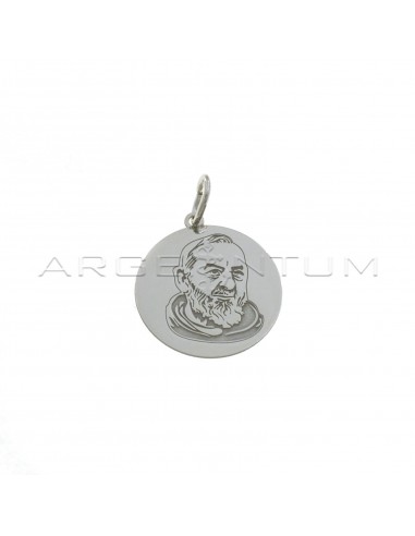Ciondolo tondo a lastra con Padre Pio inciso placcato oro bianco in argento 925