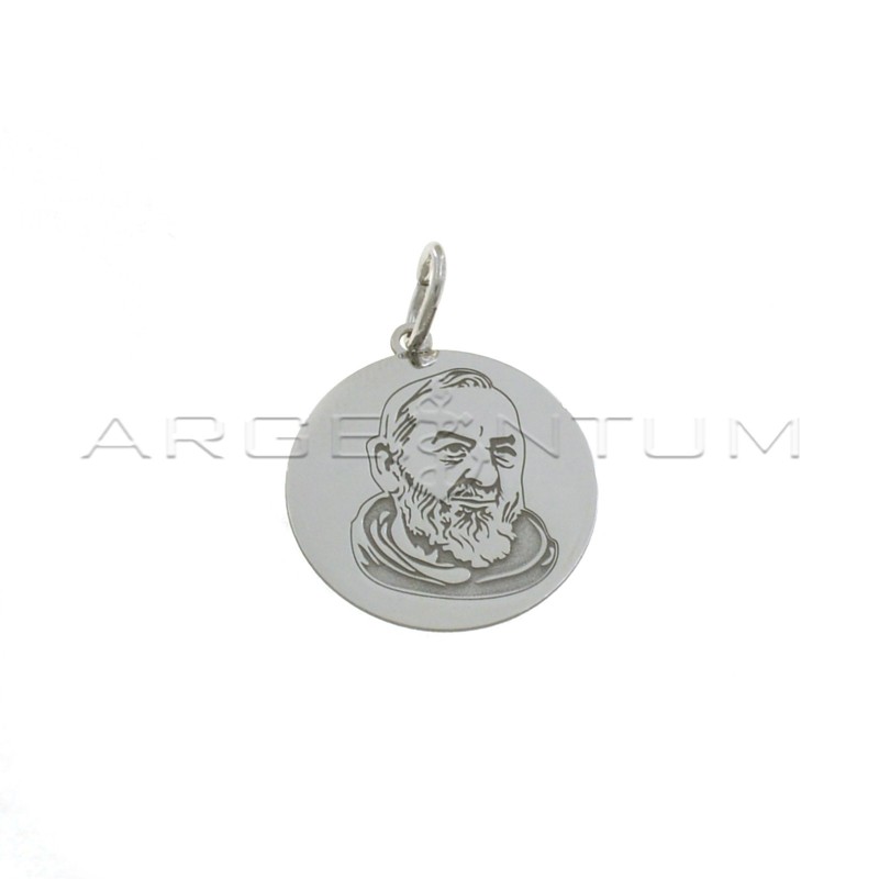 Round plate pendant with engraved Padre Pio in white gold plated 925 silver