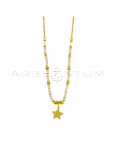 Diamond rolo link necklace with pearls, shiny spheres, cross diamond spheres and central hammered nugget with yellow gold plated pendant plate star in 925 silver