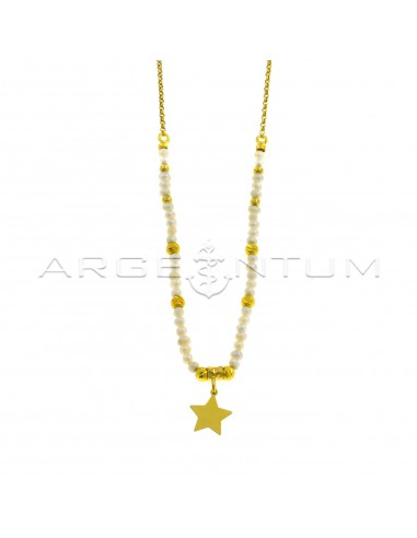 Diamond rolo link necklace with pearls, shiny spheres, cross diamond spheres and central hammered nugget with yellow gold plated pendant plate star in 925 silver