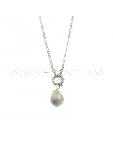 3 1 link necklace with central spring ring and baroque freshwater cultured pearl pendant white gold plated in 925 silver