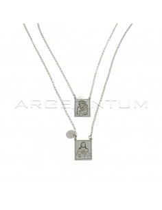 Escapulario necklace with rolo chain and engraved rectangular sacred medals, white gold plated in 925 silver