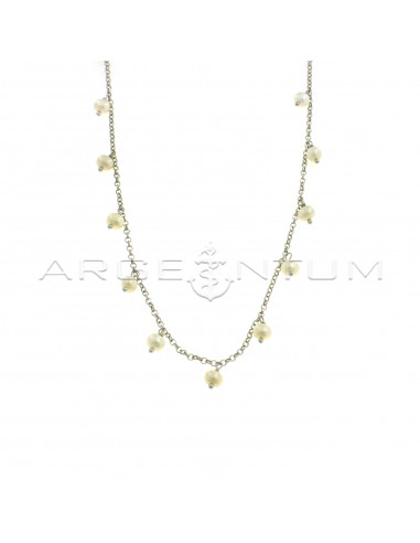 Diamond-coated rolo link necklace with white gold plated freshwater cultured pearls in 925 silver