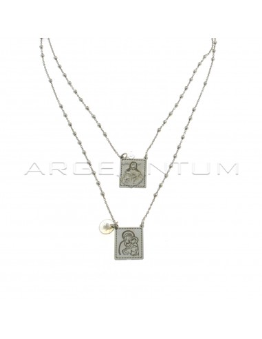 Escapulary necklace alternating ball mesh with engraved rectangular sacred medals white gold plated in 925 silver