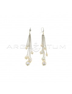 Dangle earrings with dotted hook attachment, central pearl and diamond rolo chain segments with white gold plated baroque pearls in 925 silver