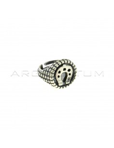 Adjustable dotted ring with round shield carved with horseshoe in 925 burnished silver