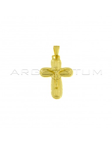 Cross pendant with satin finish and engraved with cast Christ in yellow gold plated 925 silver