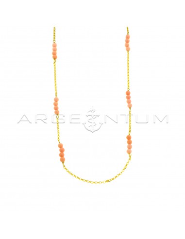 Diamond-coated rolò necklace with pink coral paste spheres, yellow gold plated in 925 silver