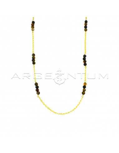 Diamond-coated rolo chain necklace with agate spheres in shades of brown, yellow gold plated in 925 silver