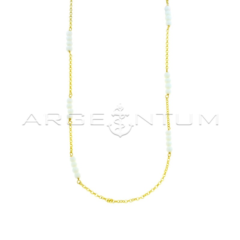 Diamond-coated rolo link necklace with faceted white agate spheres yellow gold plated in 925 silver