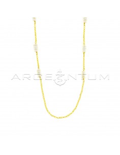 Diamond-coated rolo link necklace with yellow gold plated rolo river pearls in 925 silver