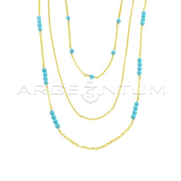 3-wire necklace with grumettina and diamond rolò mesh with yellow gold plated turquoise paste spheres in 925 silver