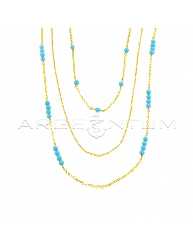 3-wire necklace with grumettina and diamond rolò mesh with yellow gold plated turquoise paste spheres in 925 silver