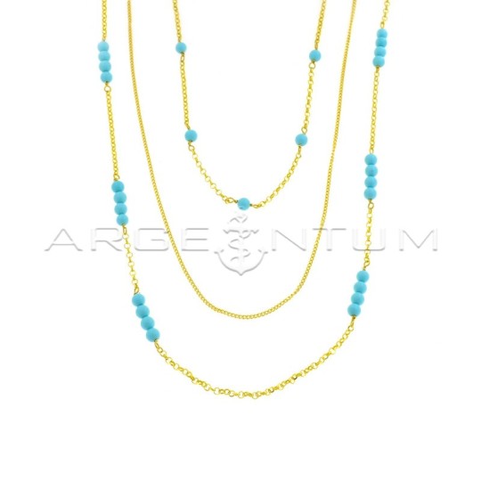 Collana a 3 fili maglia grumettina e maglia rolò diamantata con sfere in pasta di turchese placcata oro giallo in argento 925