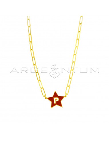Biscuit link necklace with red enameled central plate star with yellow gold-plated perforated letter in 925 silver