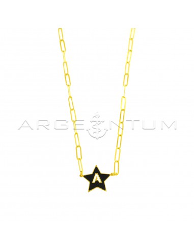 Biscuit link necklace with black enameled central plate star with yellow gold-plated perforated letter in 925 silver