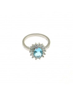Ring with blue oval zircon in a white gold-plated white zircon frame in 925 silver (Size 10)